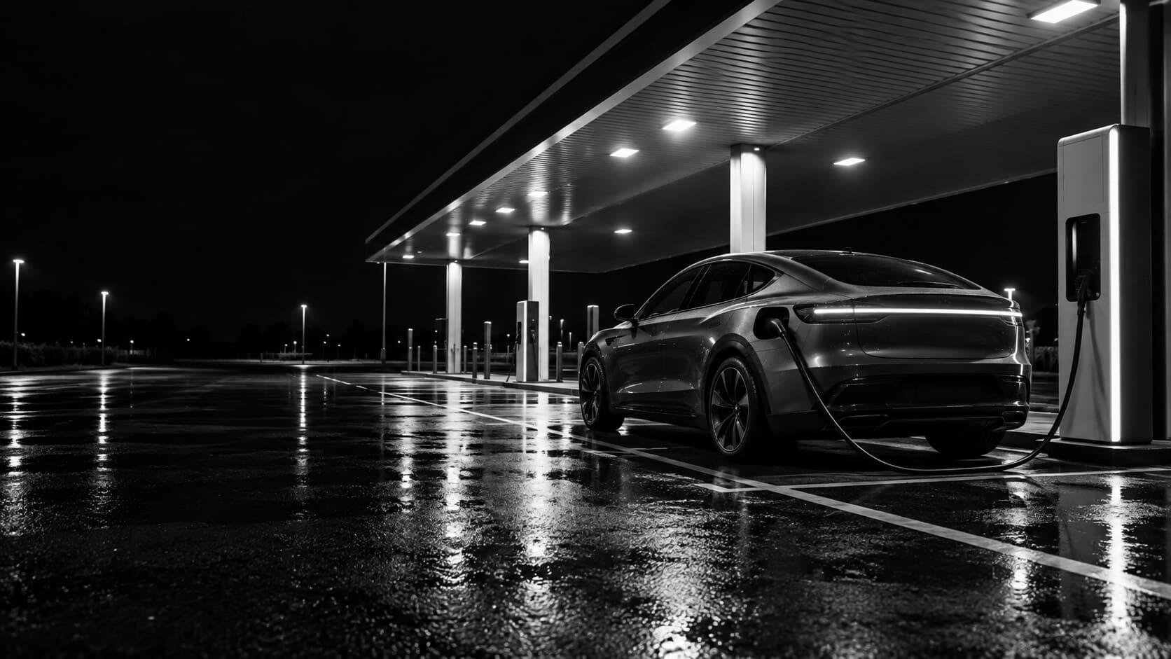 Coche eléctrico conectado a un cargador rápido bajo la marquesina iluminada de una estación de recarga, de noche