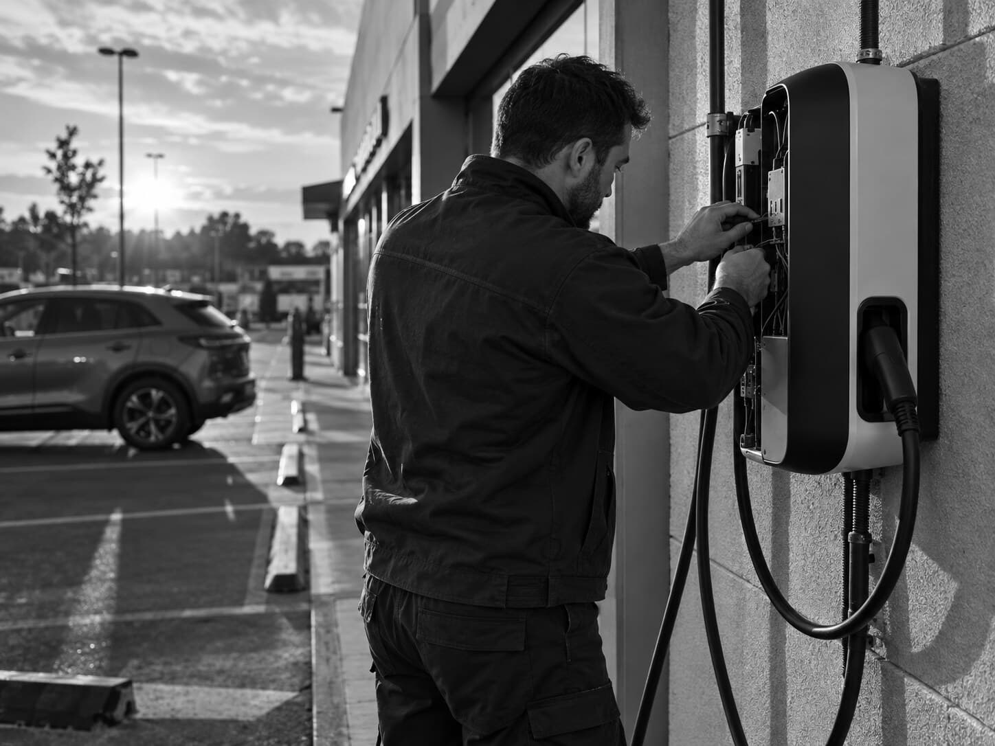 Técnico instalando un cargador para vehículo eléctrico en la pared exterior de un local comercial