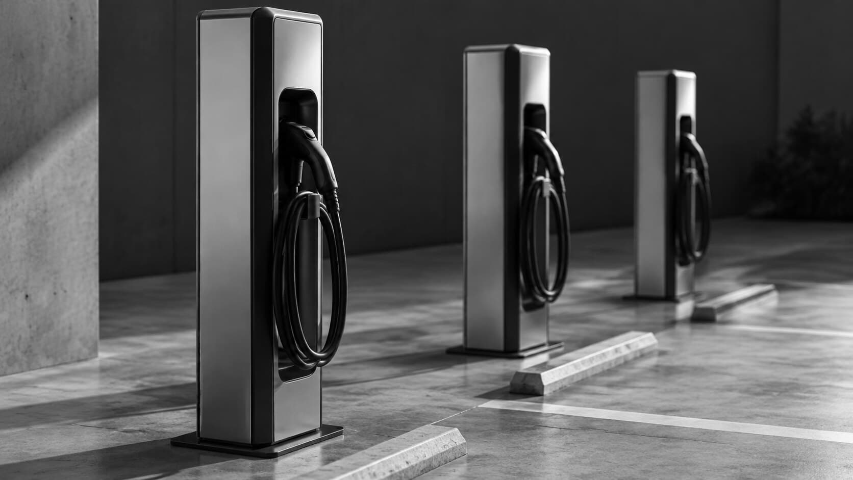 Tres cargadores rápidos para vehículo eléctrico alineados junto a las plazas de un aparcamiento