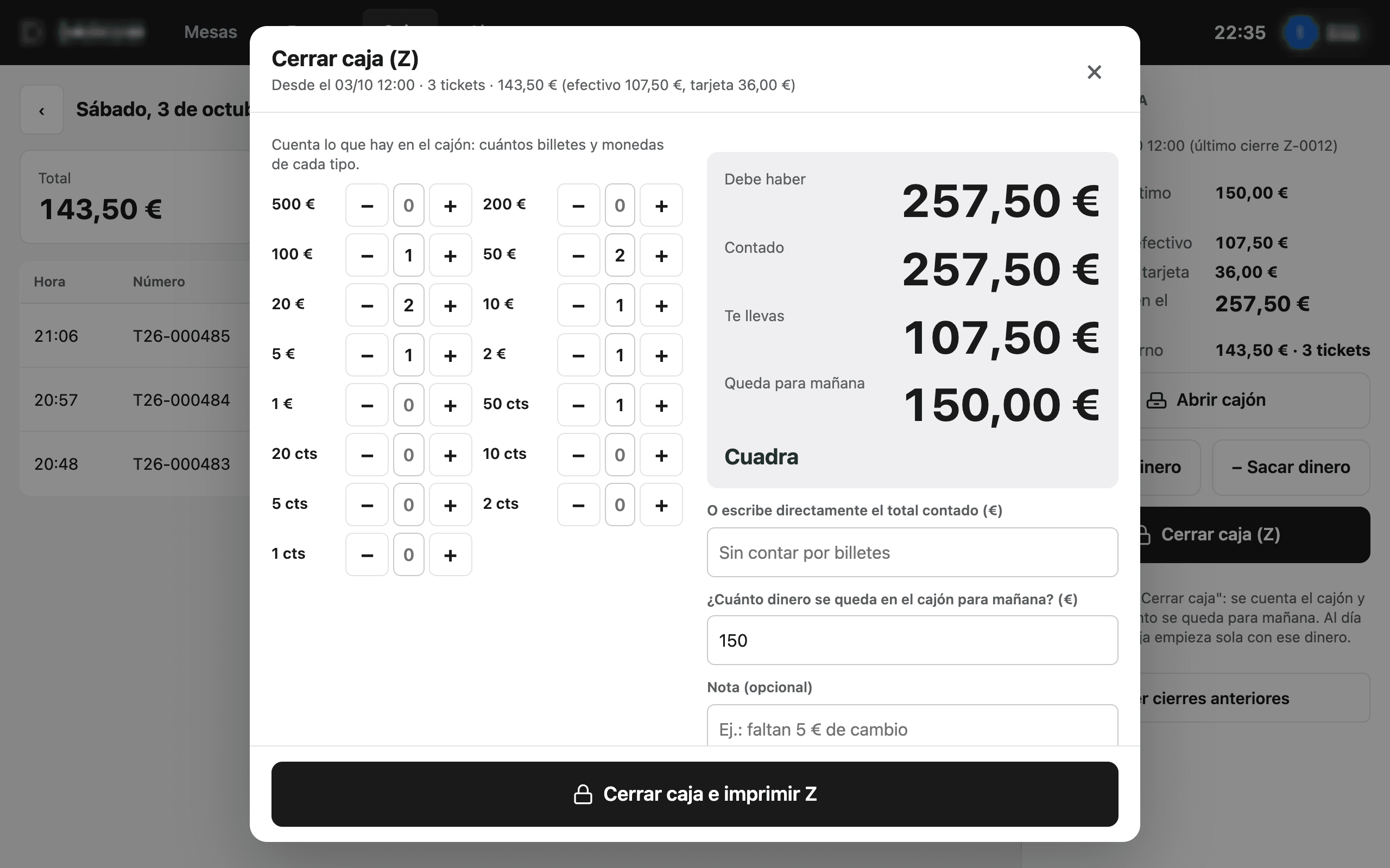 Ventana de cierre de caja Z de RA TPV: recuento de billetes y monedas, importe que debe haber, contado, lo que se retira y lo que queda para mañana, con la indicación Cuadra.