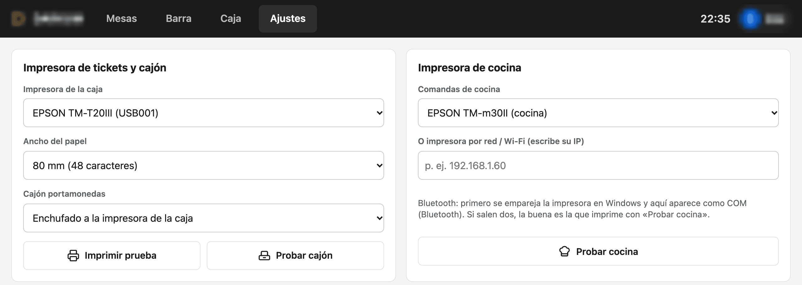 Ajustes de impresoras de RA TPV: impresora de tickets de 80 mm con cajón portamonedas conectado e impresora de cocina, con opción de impresora en red o Bluetooth.