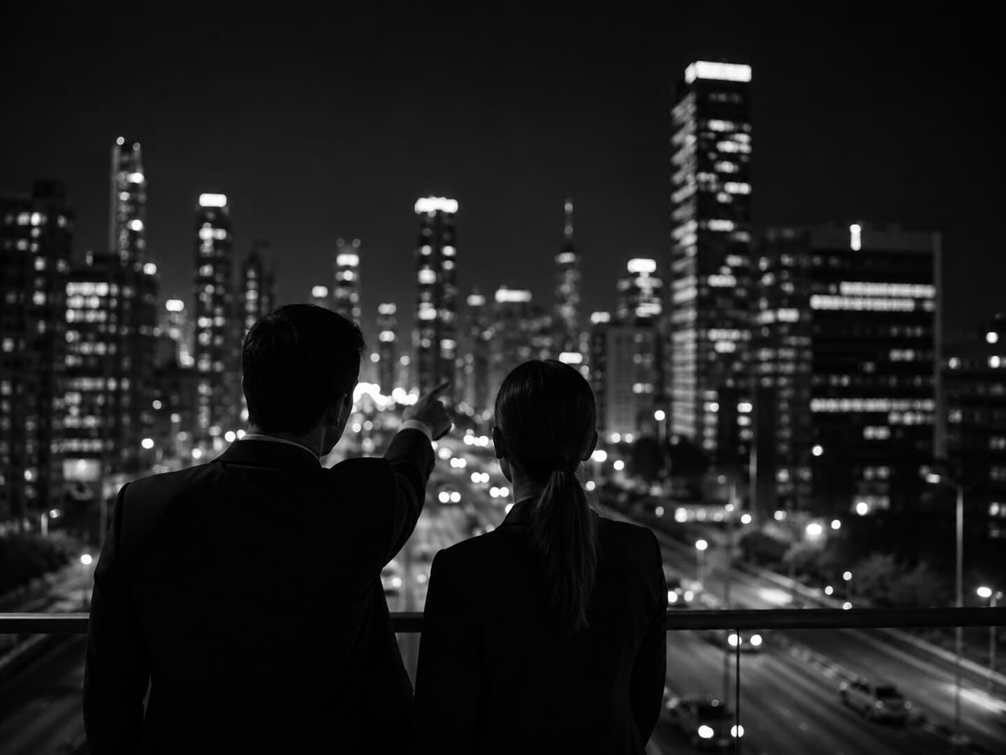 Dos profesionales observando la ciudad desde un mirador por la noche