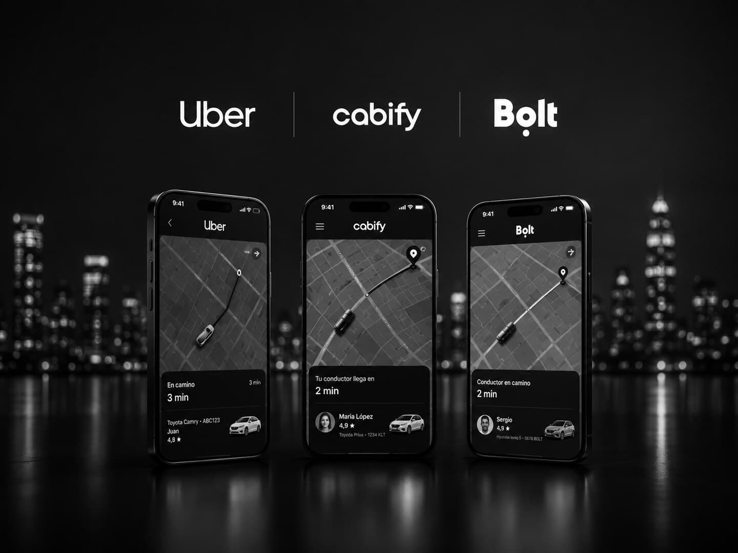 Aplicaciones de Uber, Cabify y Bolt sobre el perfil nocturno de una ciudad